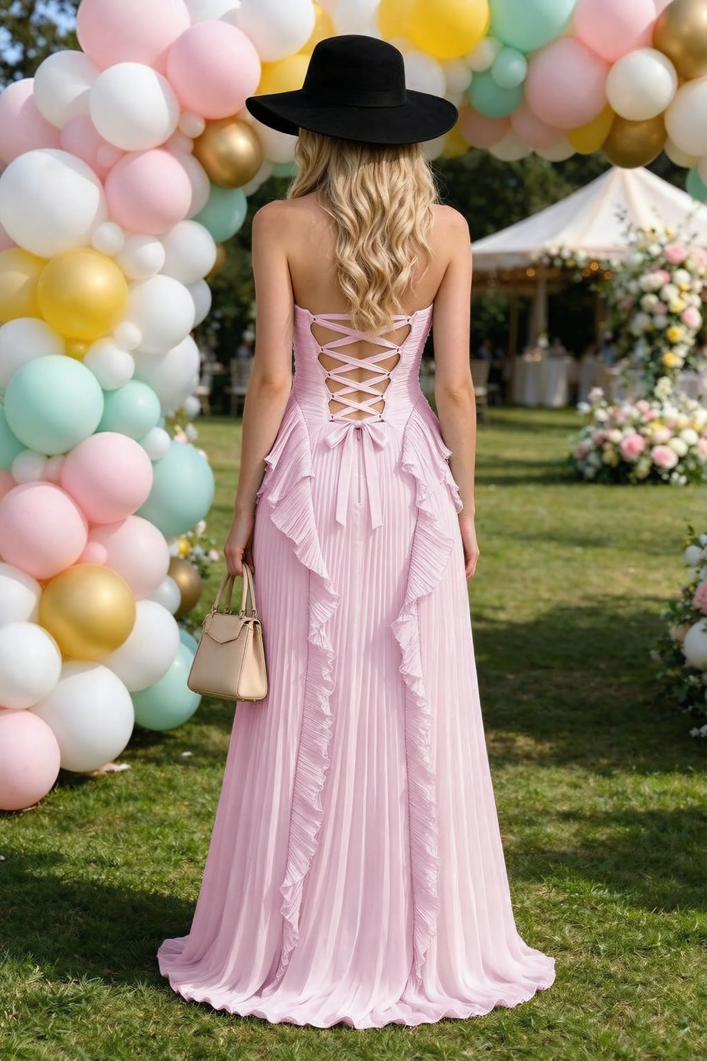 Vestido largo Celeste rosa caramelo con cuello halter, volantes plisados y abertura alta