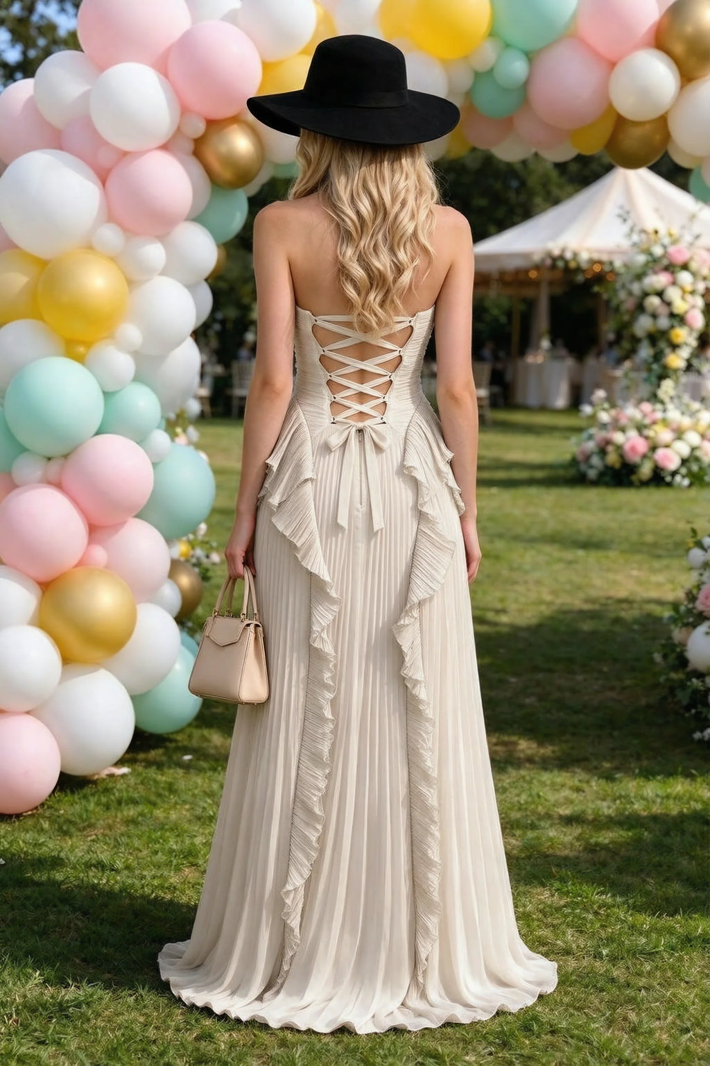Celeste Cream Pleated Ruffle Halter High Slit Maxi Dress
