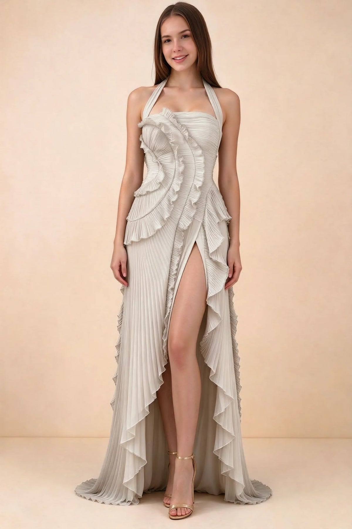 Celeste Cream Pleated Ruffle Halter High Slit Maxi Dress