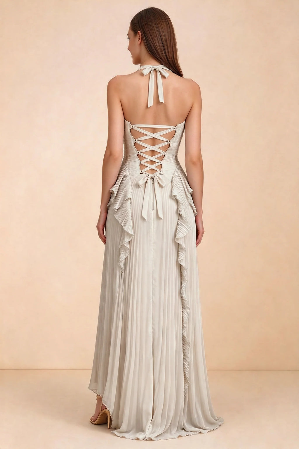 Celeste Cream Pleated Ruffle Halter High Slit Maxi Dress