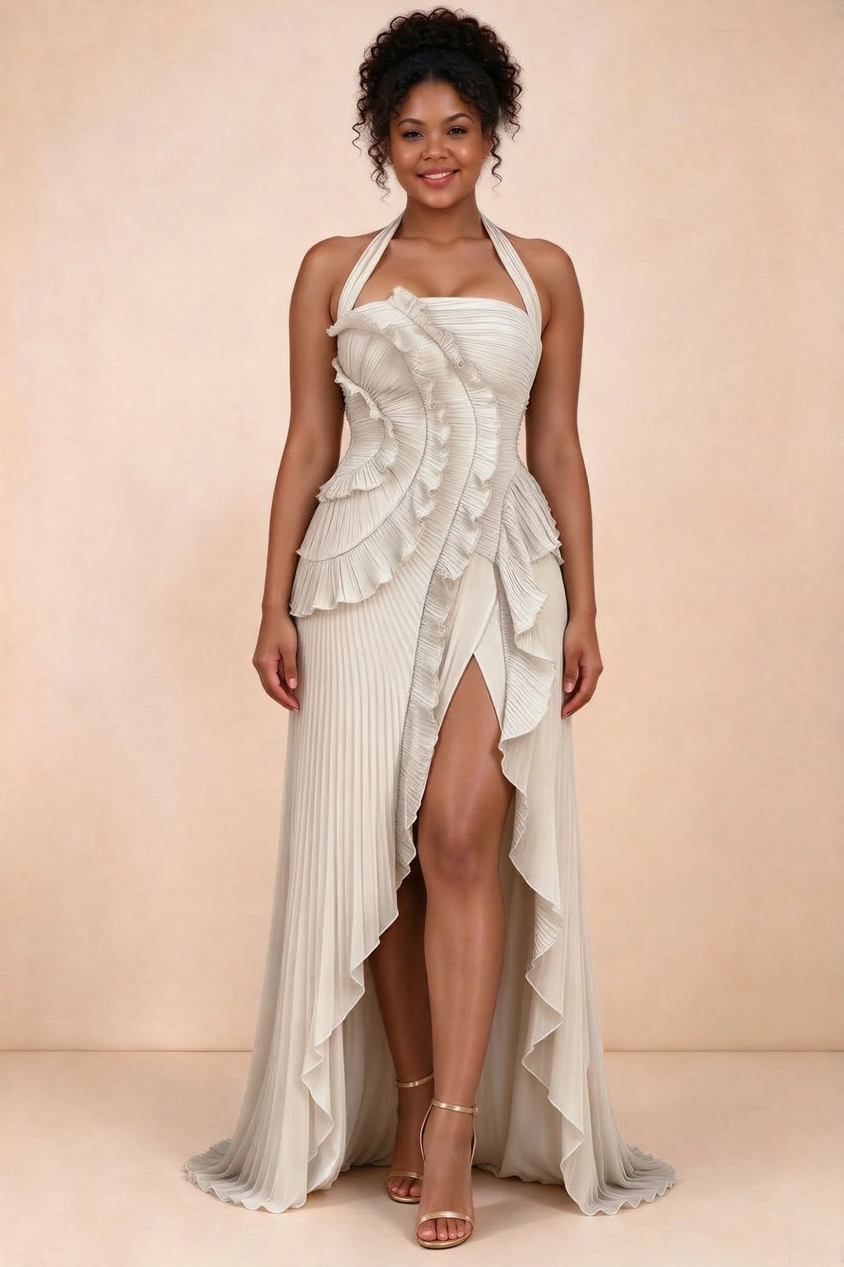 Celeste Cream Pleated Ruffle Halter High Slit Maxi Dress