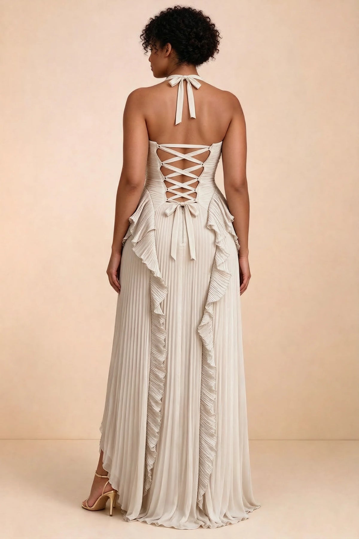 Celeste Cream Pleated Ruffle Halter High Slit Maxi Dress