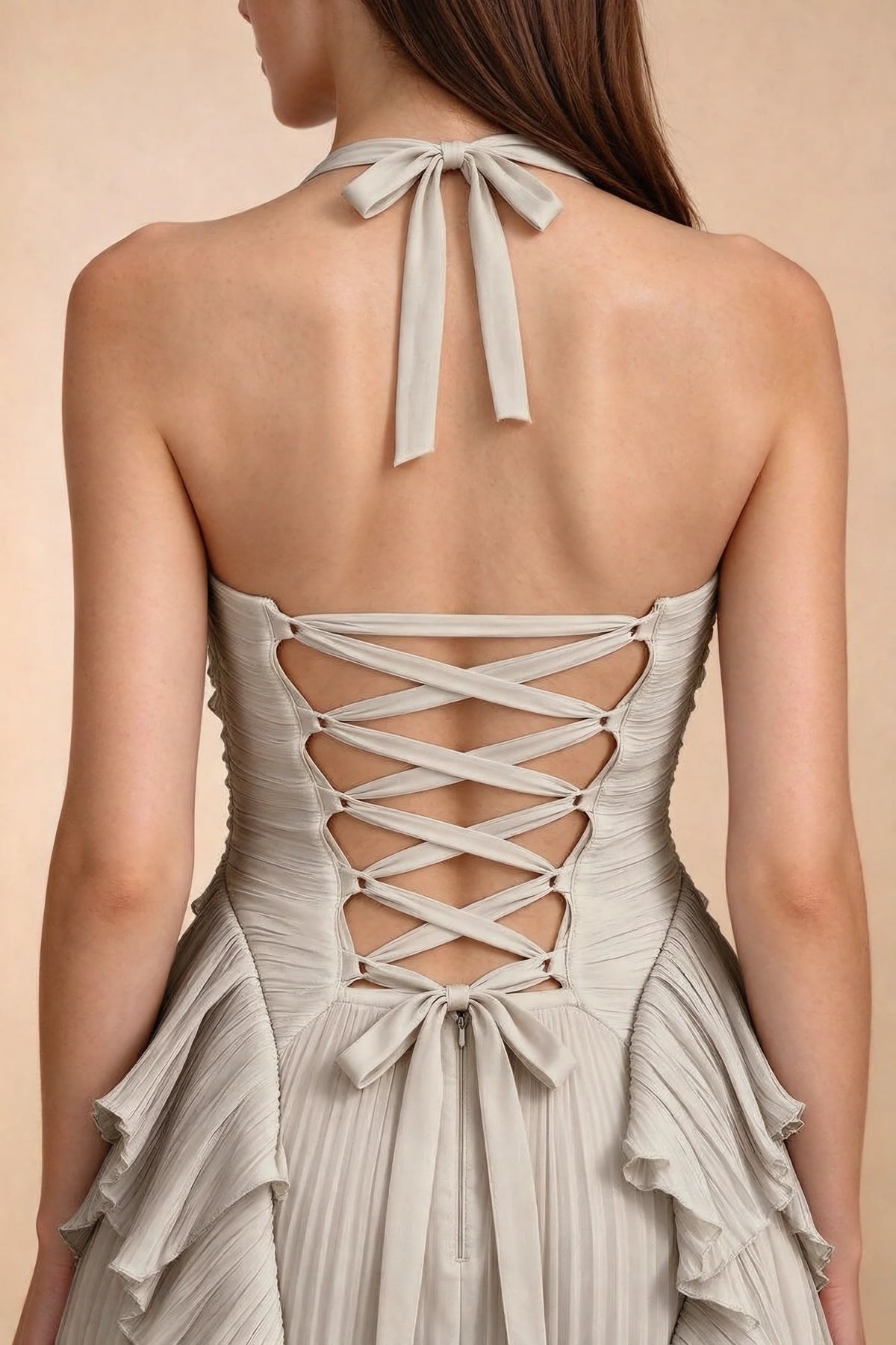 Celeste Cream Pleated Ruffle Halter High Slit Maxi Dress