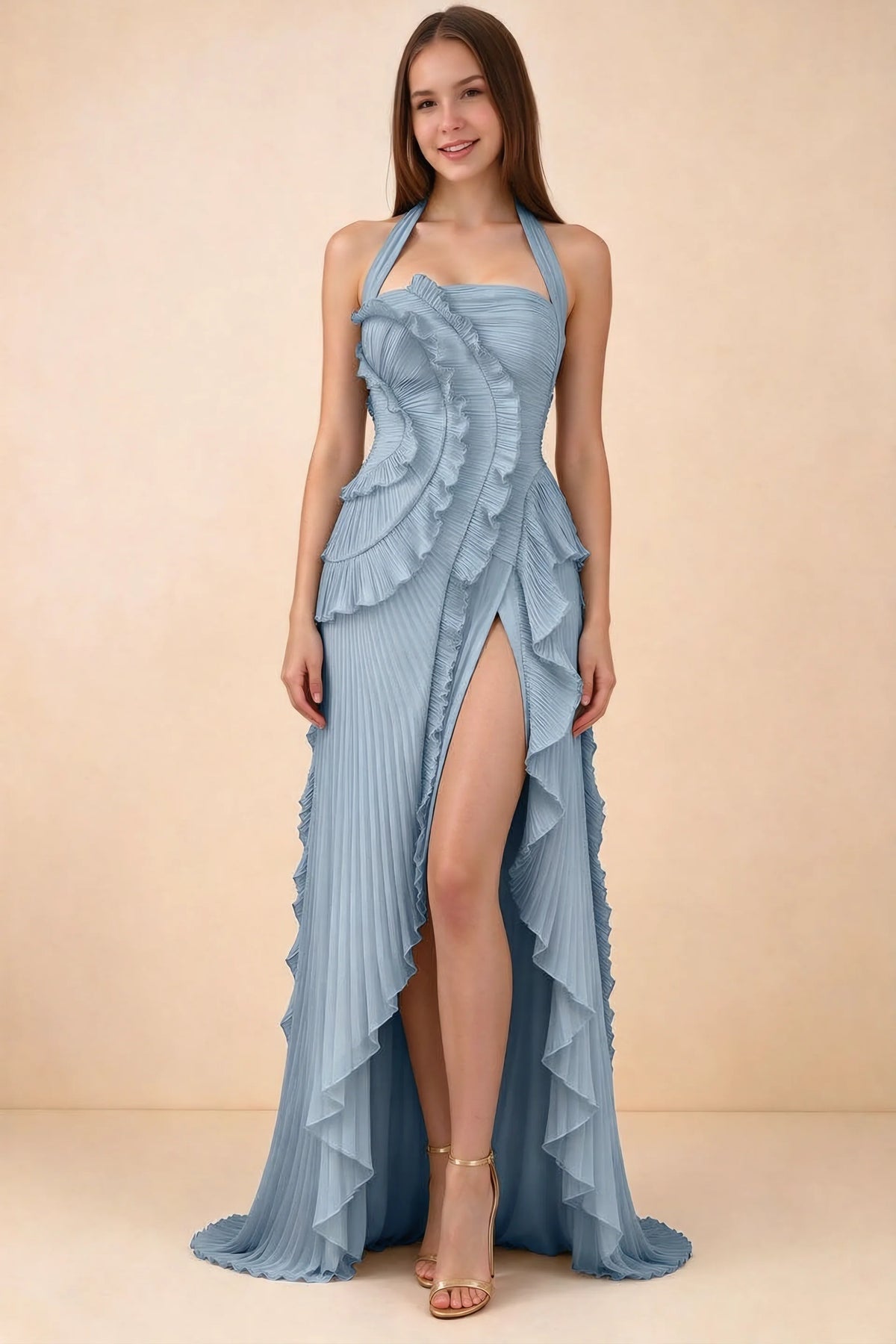 Celeste Dusty Blue Pleated Ruffle Halter High Slit Maxi Dress