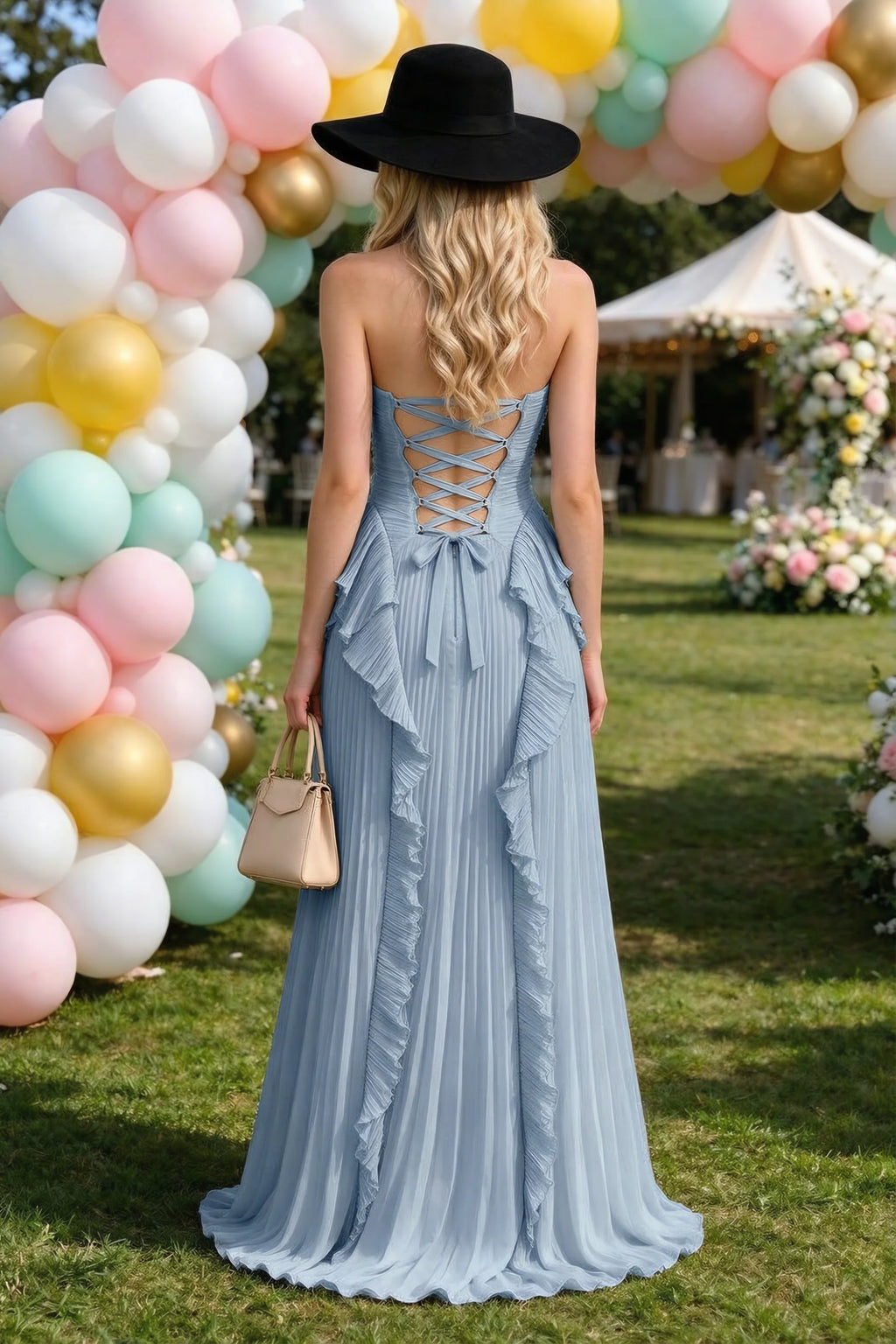 Celeste Dusty Blue Pleated Ruffle Halter High Slit Maxi Dress