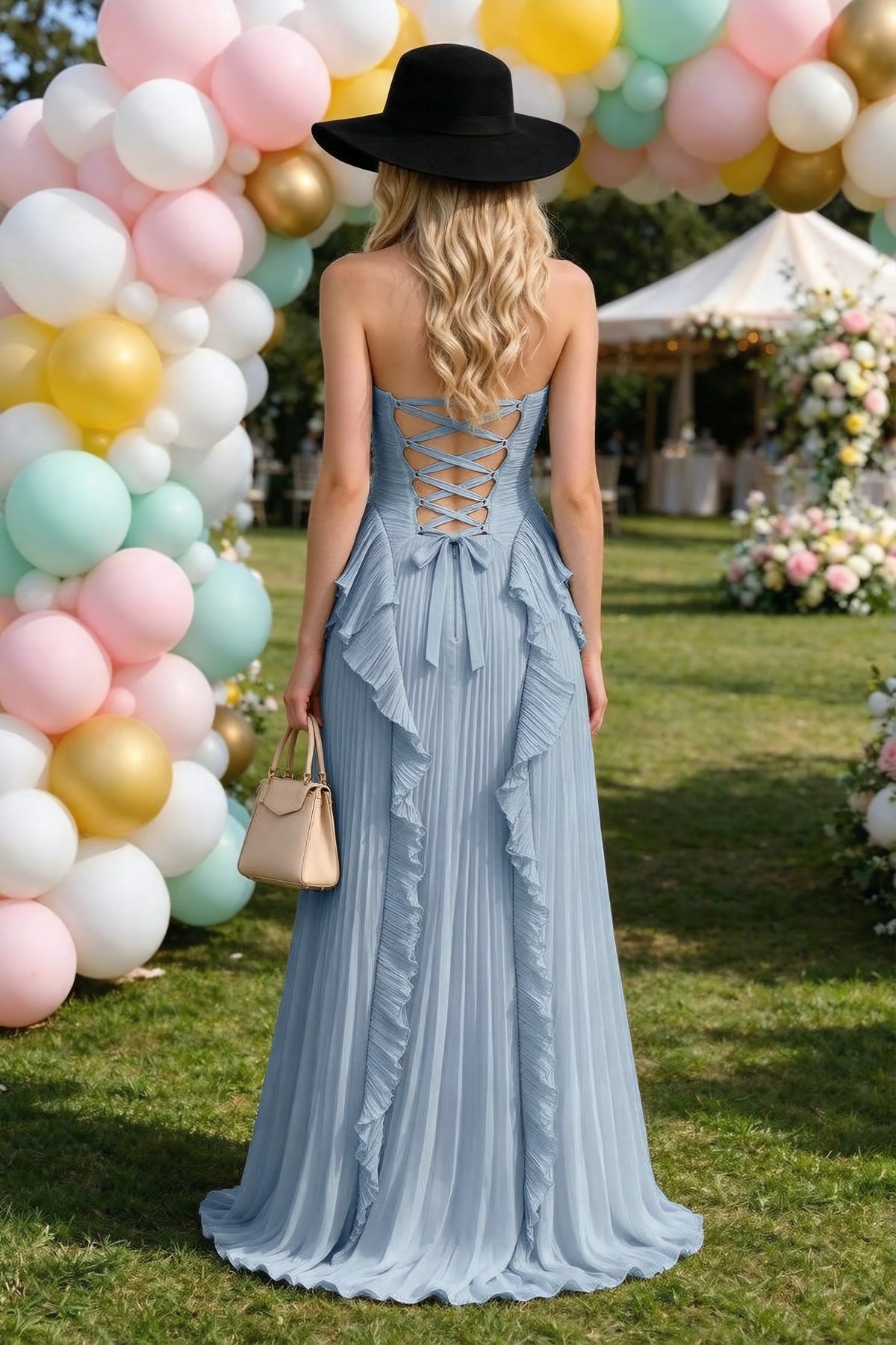 Celeste Dusty Blue Pleated Ruffle Halter High Slit Maxi Dress