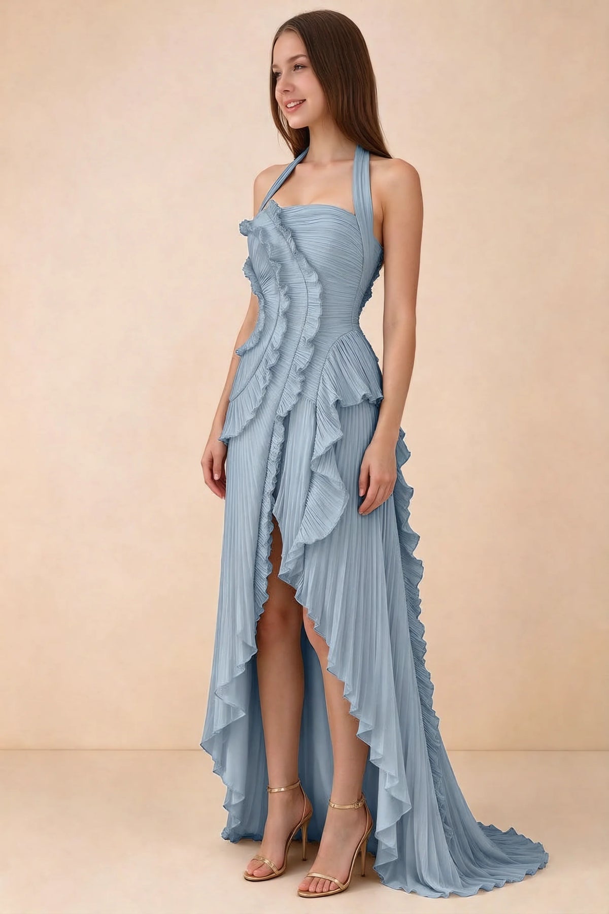 Celeste Dusty Blue Pleated Ruffle Halter High Slit Maxi Dress