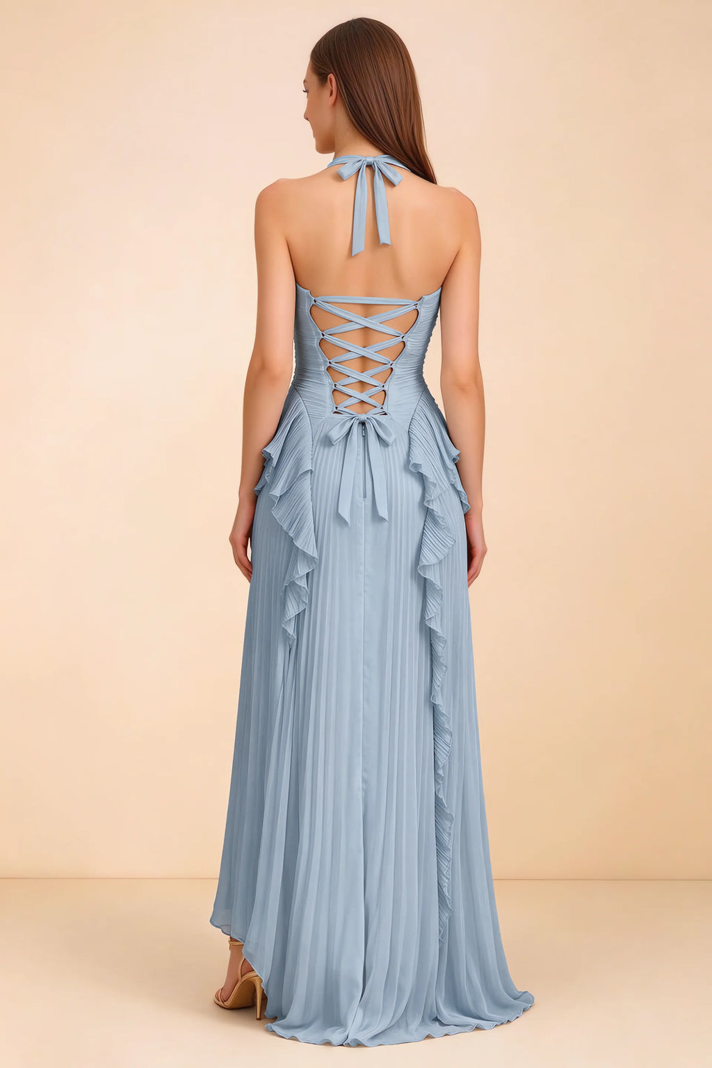 Celeste Dusty Blue Pleated Ruffle Halter High Slit Maxi Dress