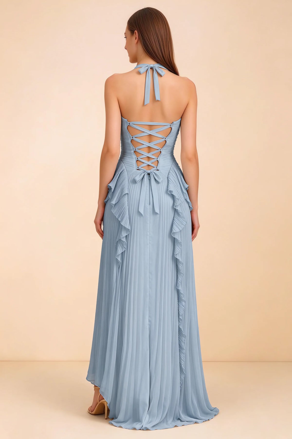 Celeste Dusty Blue Pleated Ruffle Halter High Slit Maxi Dress