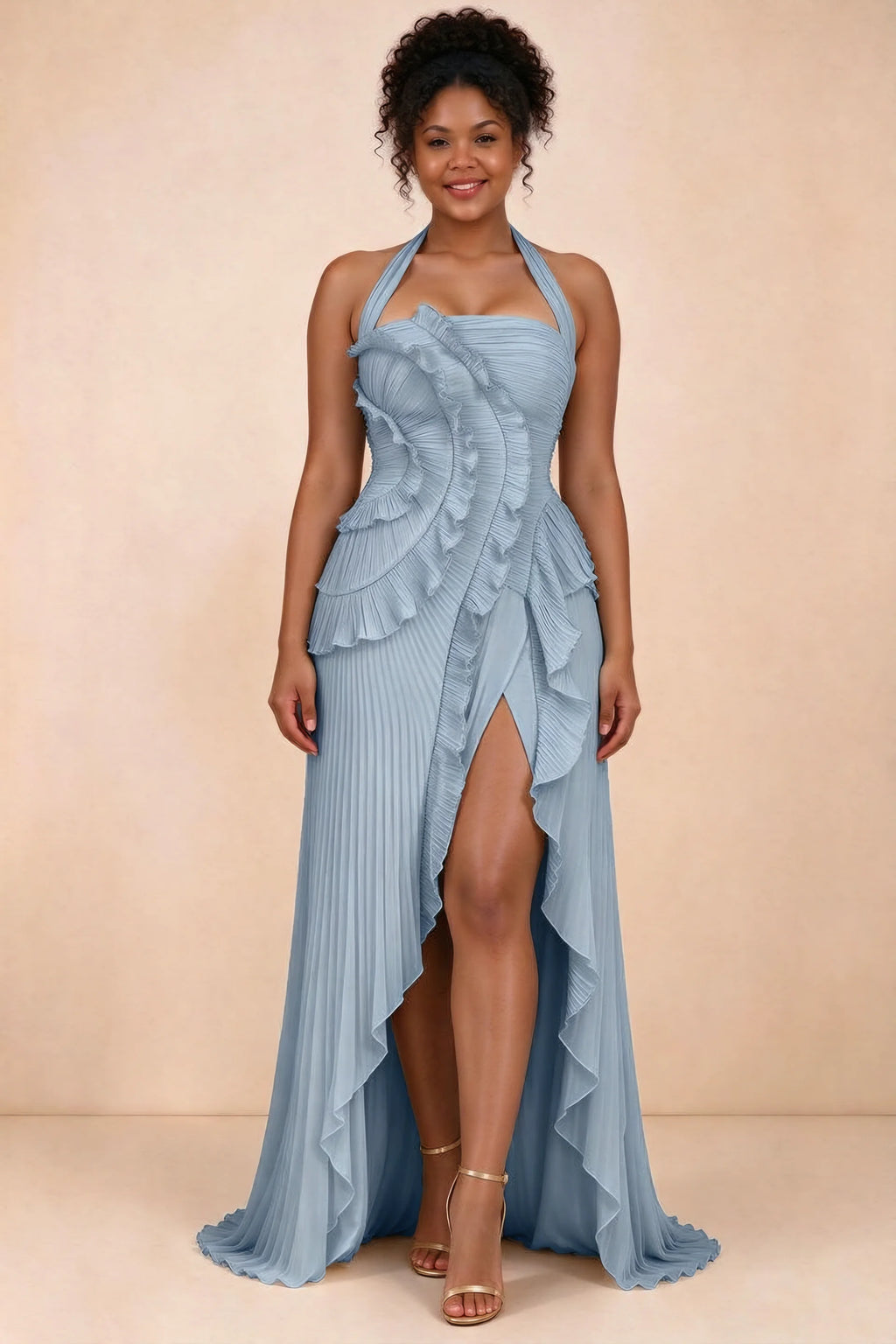 Celeste Dusty Blue Pleated Ruffle Halter High Slit Maxi Dress