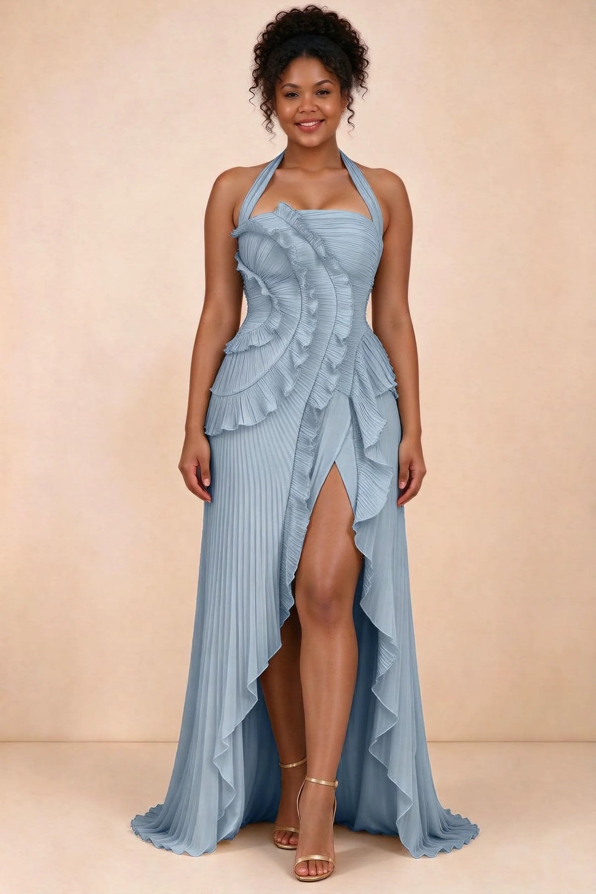 Celeste Dusty Blue Pleated Ruffle Halter High Slit Maxi Dress