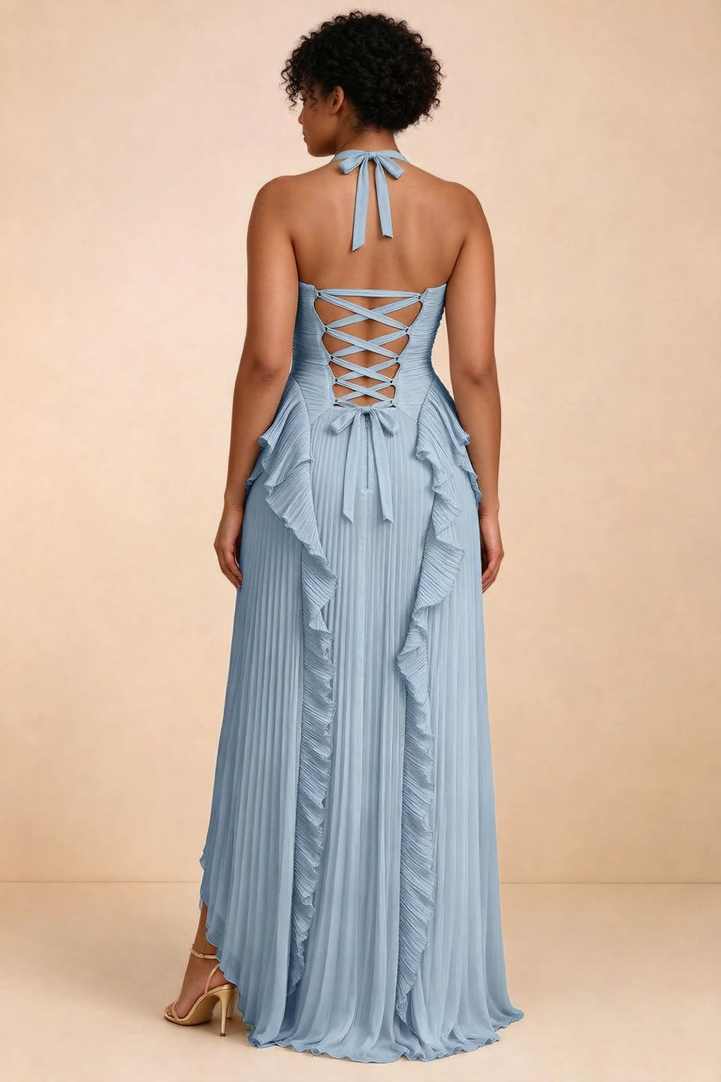 Celeste Dusty Blue Pleated Ruffle Halter High Slit Maxi Dress