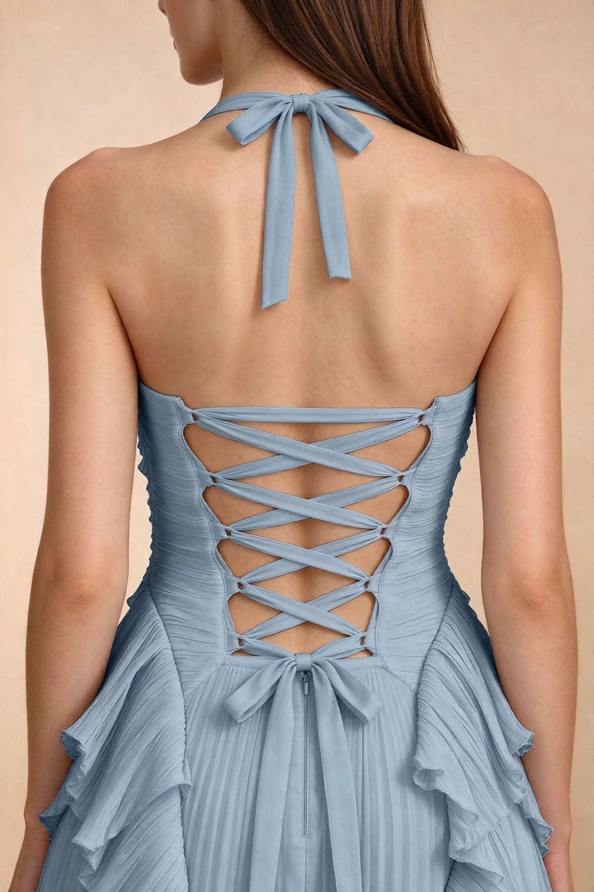 Celeste Dusty Blue Pleated Ruffle Halter High Slit Maxi Dress
