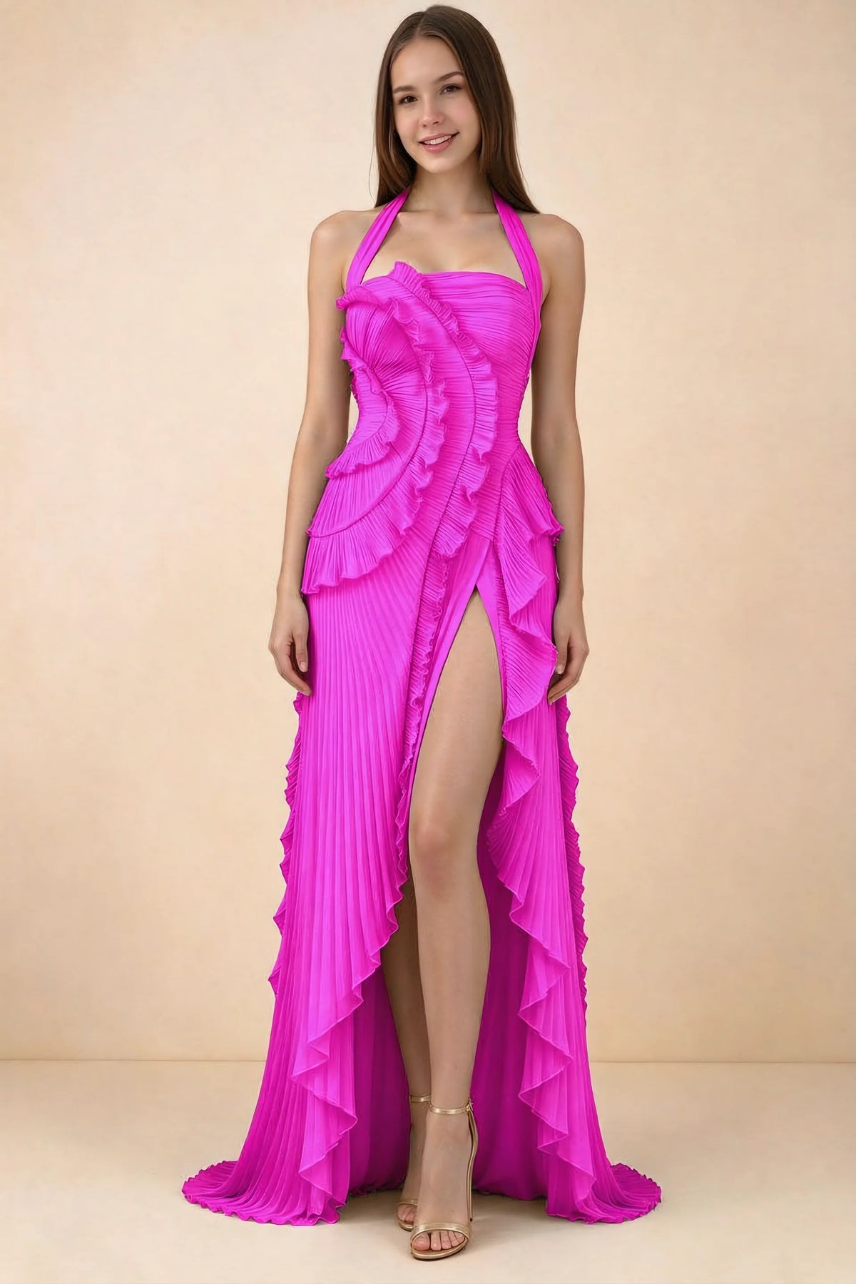 Celeste Fuchsia Pleated Ruffle Halter High Slit Maxi Dress