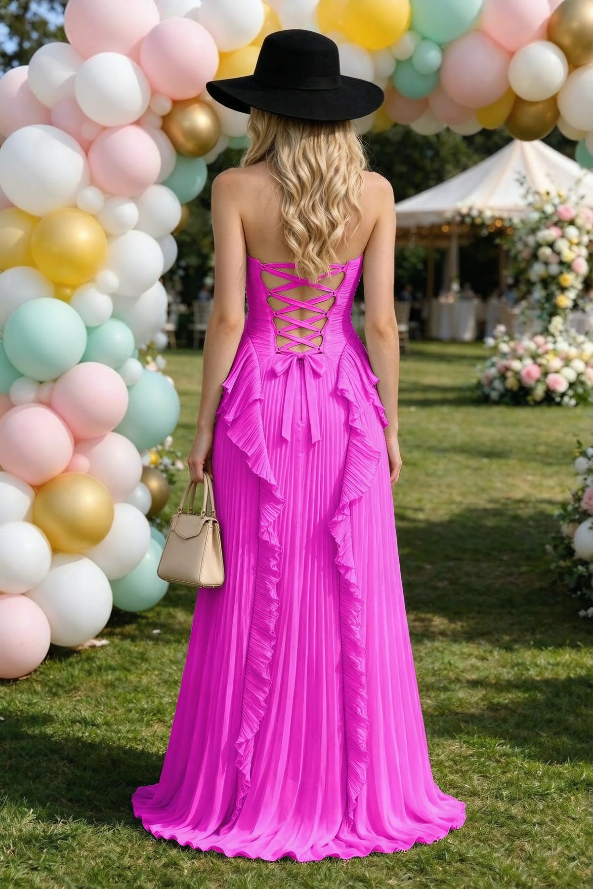 Celeste Fuchsia Pleated Ruffle Halter High Slit Maxi Dress