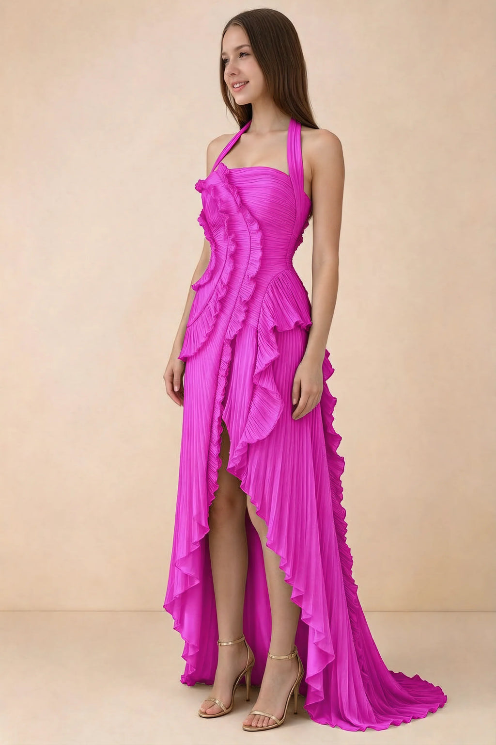 Celeste Fuchsia Pleated Ruffle Halter High Slit Maxi Dress