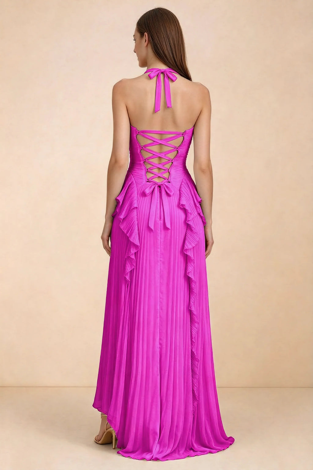 Celeste Fuchsia Pleated Ruffle Halter High Slit Maxi Dress