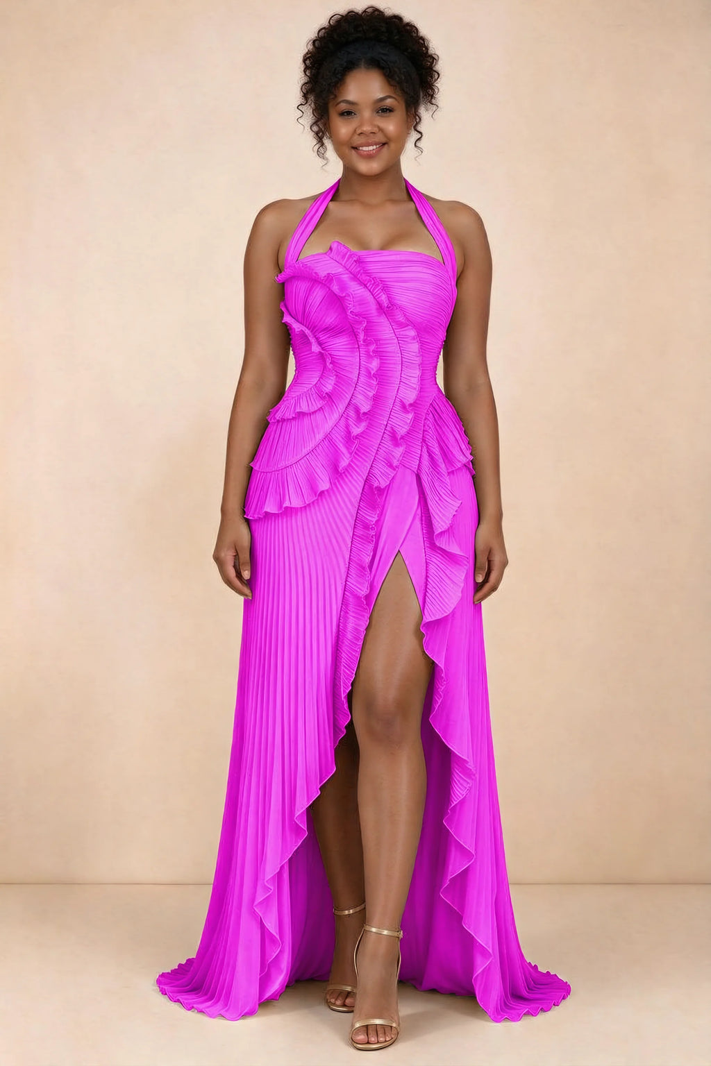 Celeste Fuchsia Pleated Ruffle Halter High Slit Maxi Dress