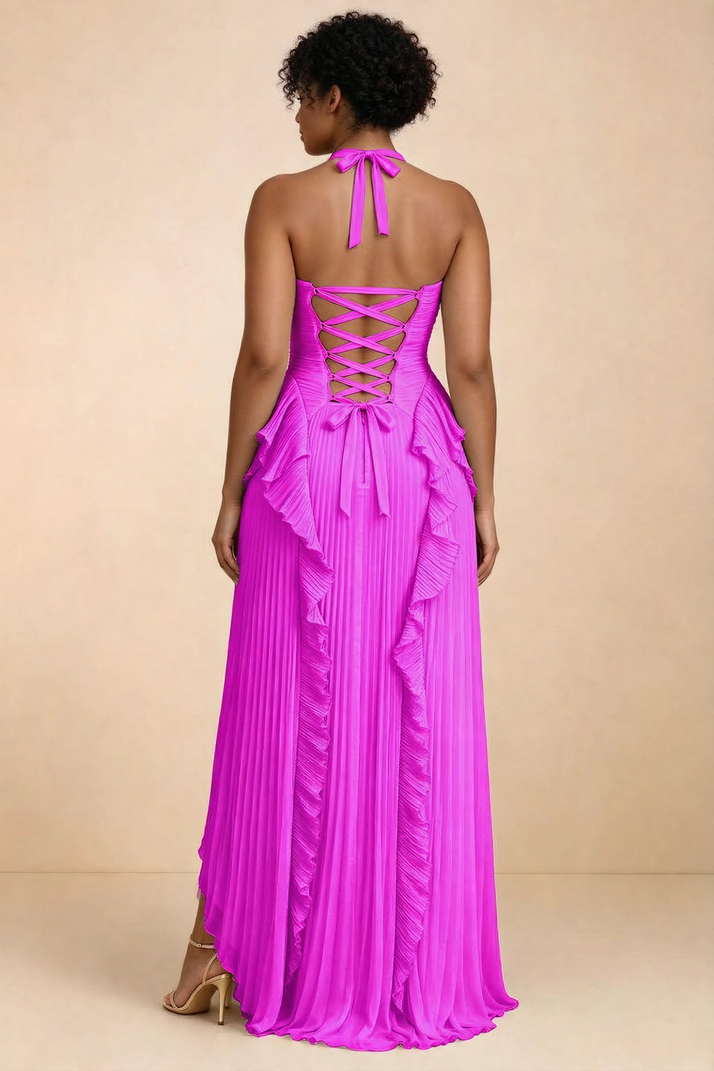 Celeste Fuchsia Pleated Ruffle Halter High Slit Maxi Dress