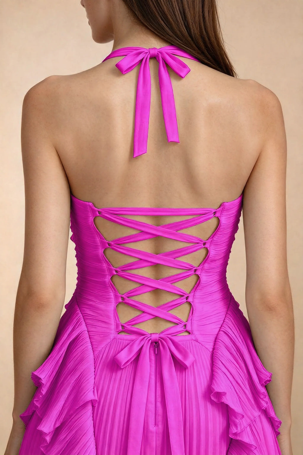 Celeste Fuchsia Pleated Ruffle Halter High Slit Maxi Dress