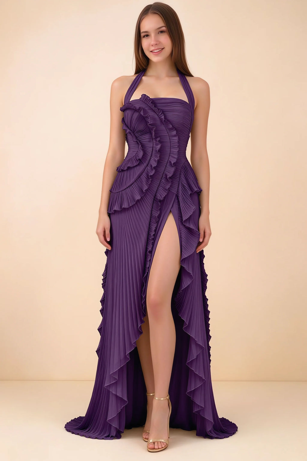 Vestido largo Celeste color uva con cuello halter, volantes plisados y abertura alta