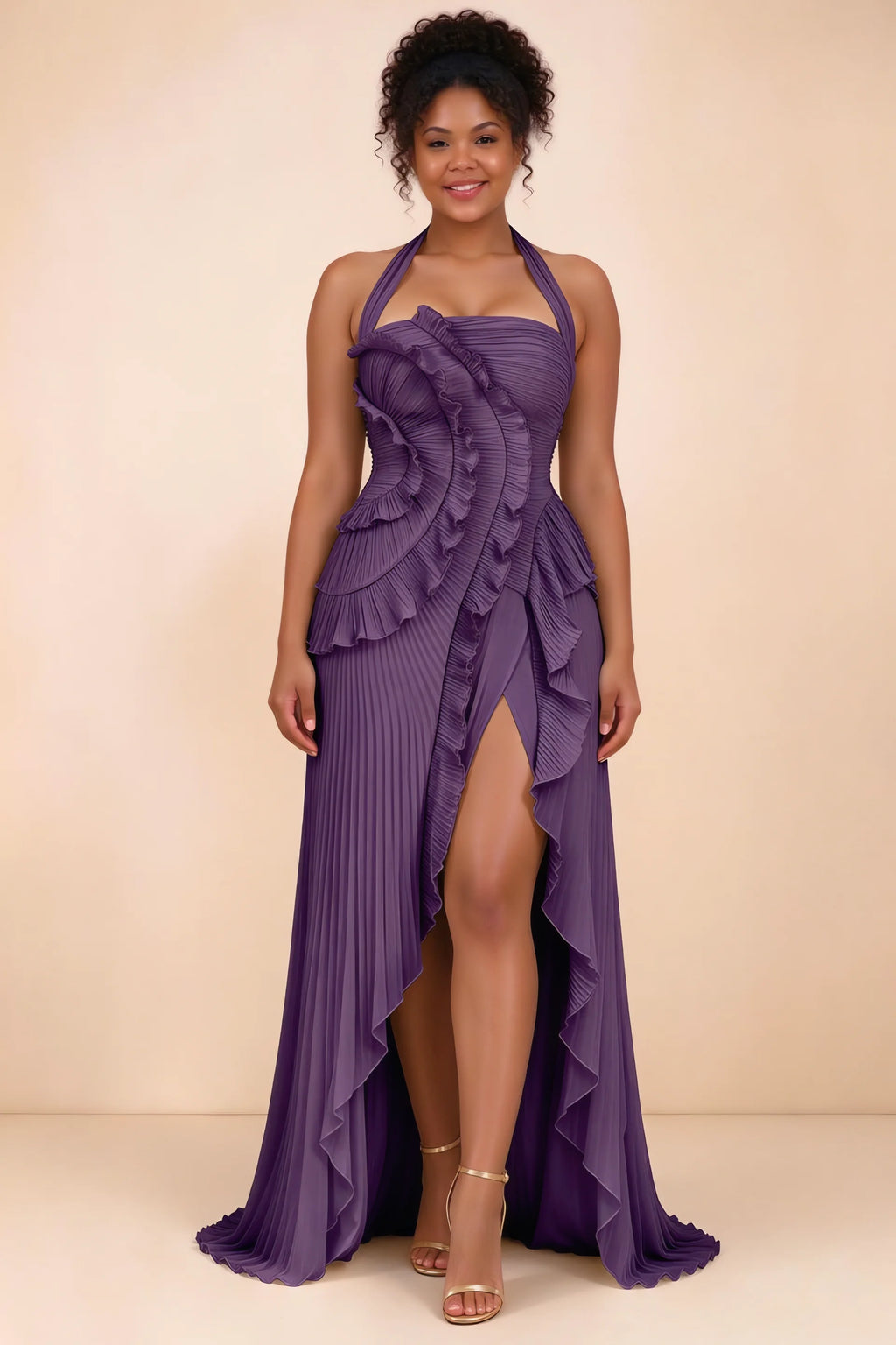 Vestido largo Celeste color uva con cuello halter, volantes plisados y abertura alta