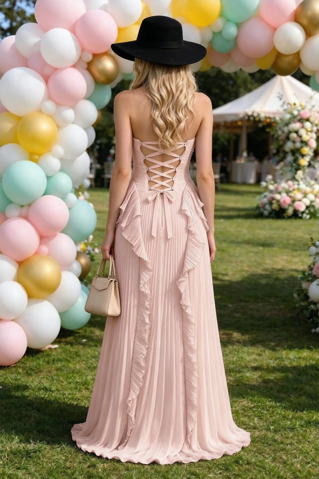 Vestido largo Celeste Haze rosa con volantes plisados, cuello halter y abertura alta