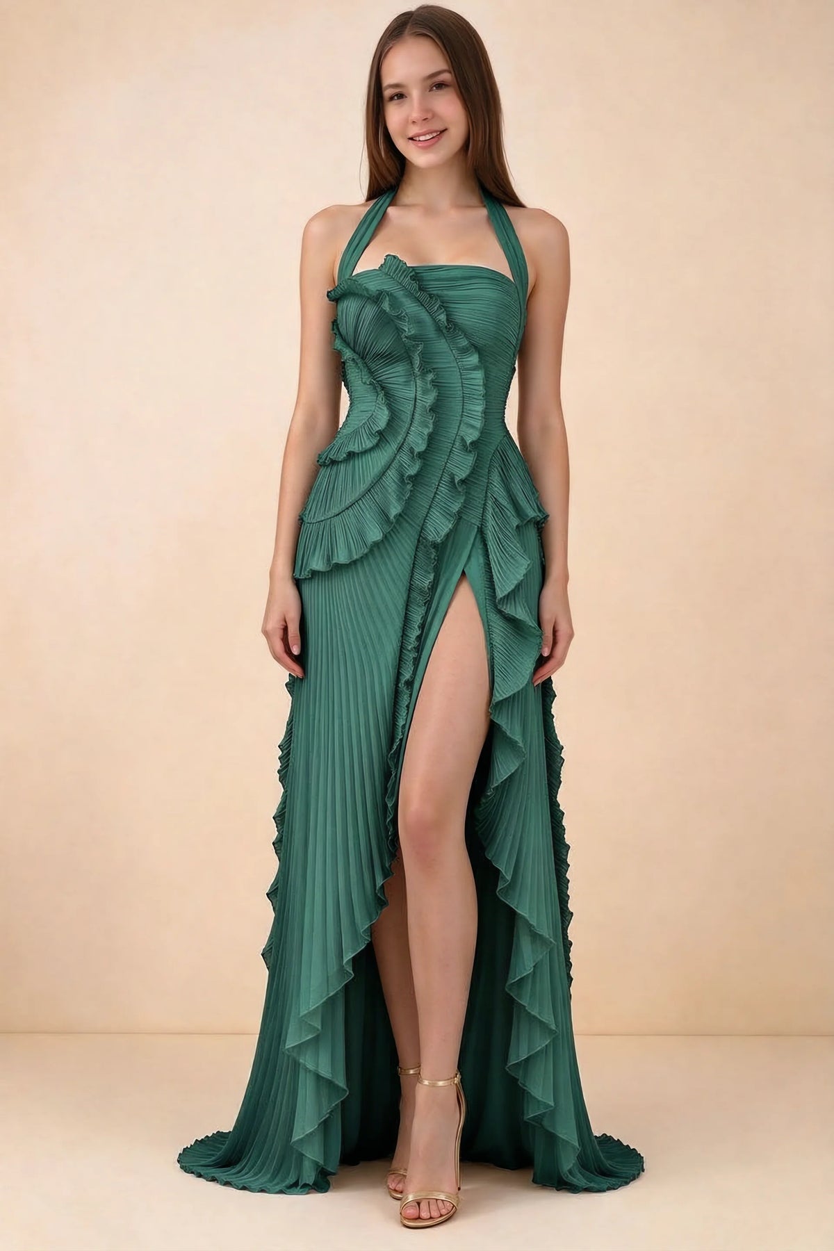 Celeste Hunter Green Pleated Ruffle Halter High Slit Maxi Dress