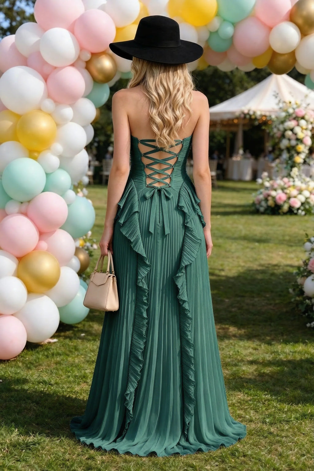 Celeste Hunter Green Pleated Ruffle Halter High Slit Maxi Dress