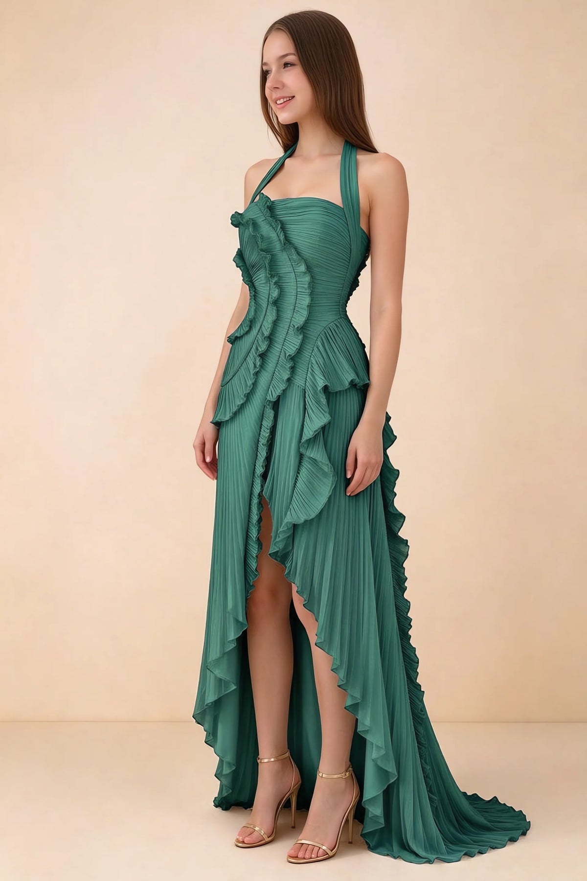 Celeste Hunter Green Pleated Ruffle Halter High Slit Maxi Dress