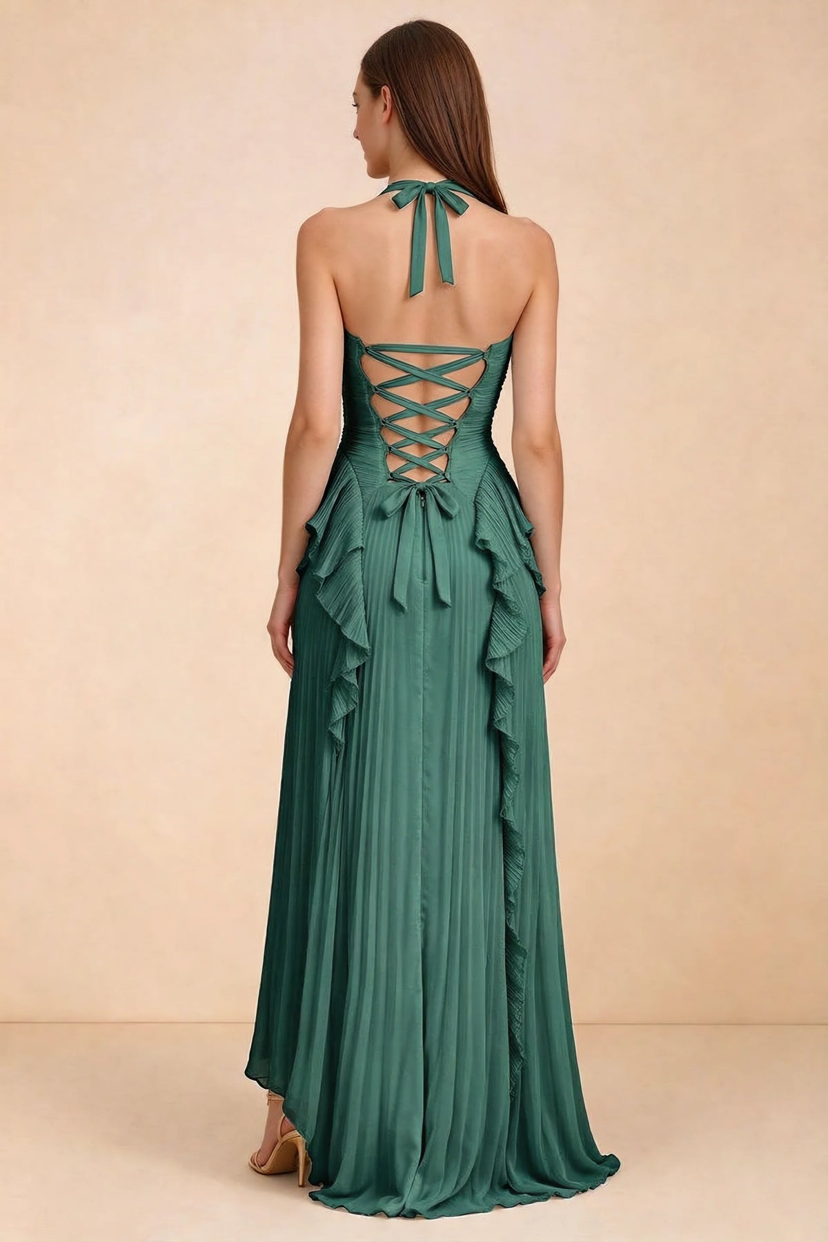 Celeste Hunter Green Pleated Ruffle Halter High Slit Maxi Dress