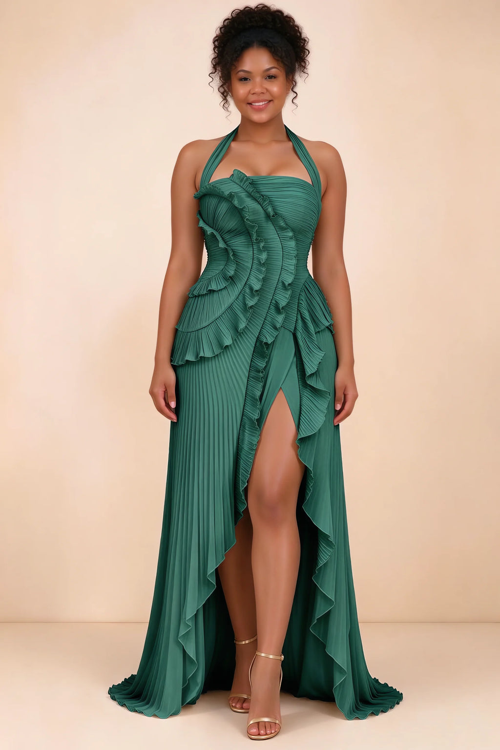 Celeste Hunter Green Pleated Ruffle Halter High Slit Maxi Dress