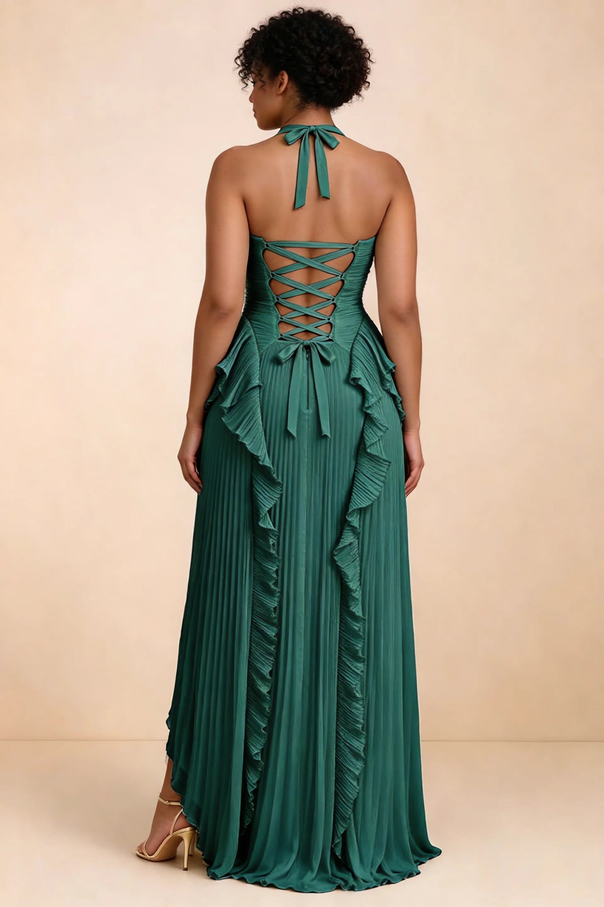 Celeste Hunter Green Pleated Ruffle Halter High Slit Maxi Dress