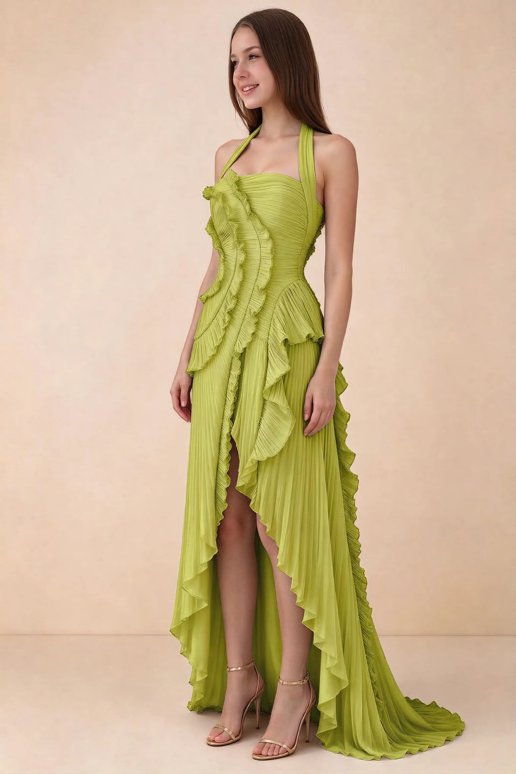 Celeste Lemon Green Pleated Ruffle Halter High Slit Maxi Dress