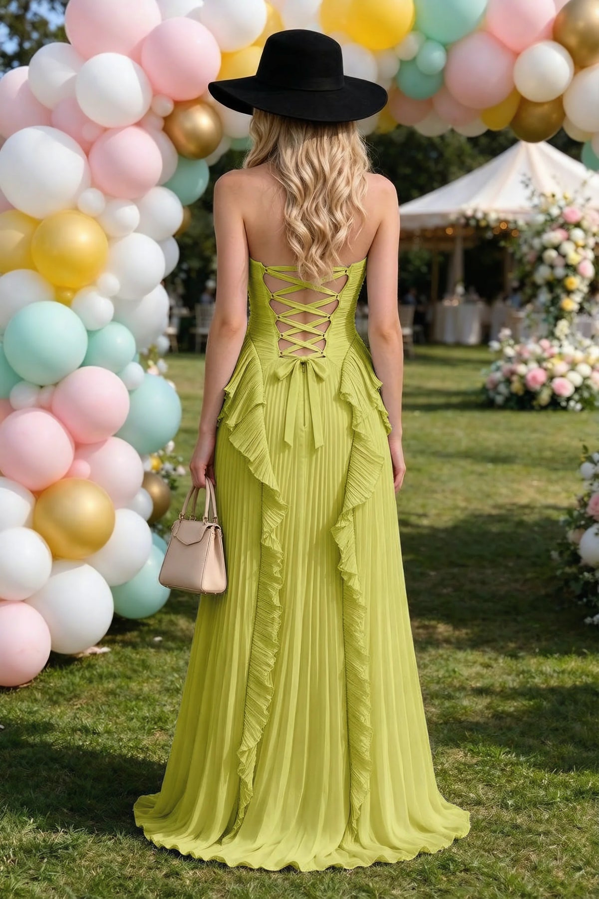 Celeste Lemon Green Pleated Ruffle Halter High Slit Maxi Dress