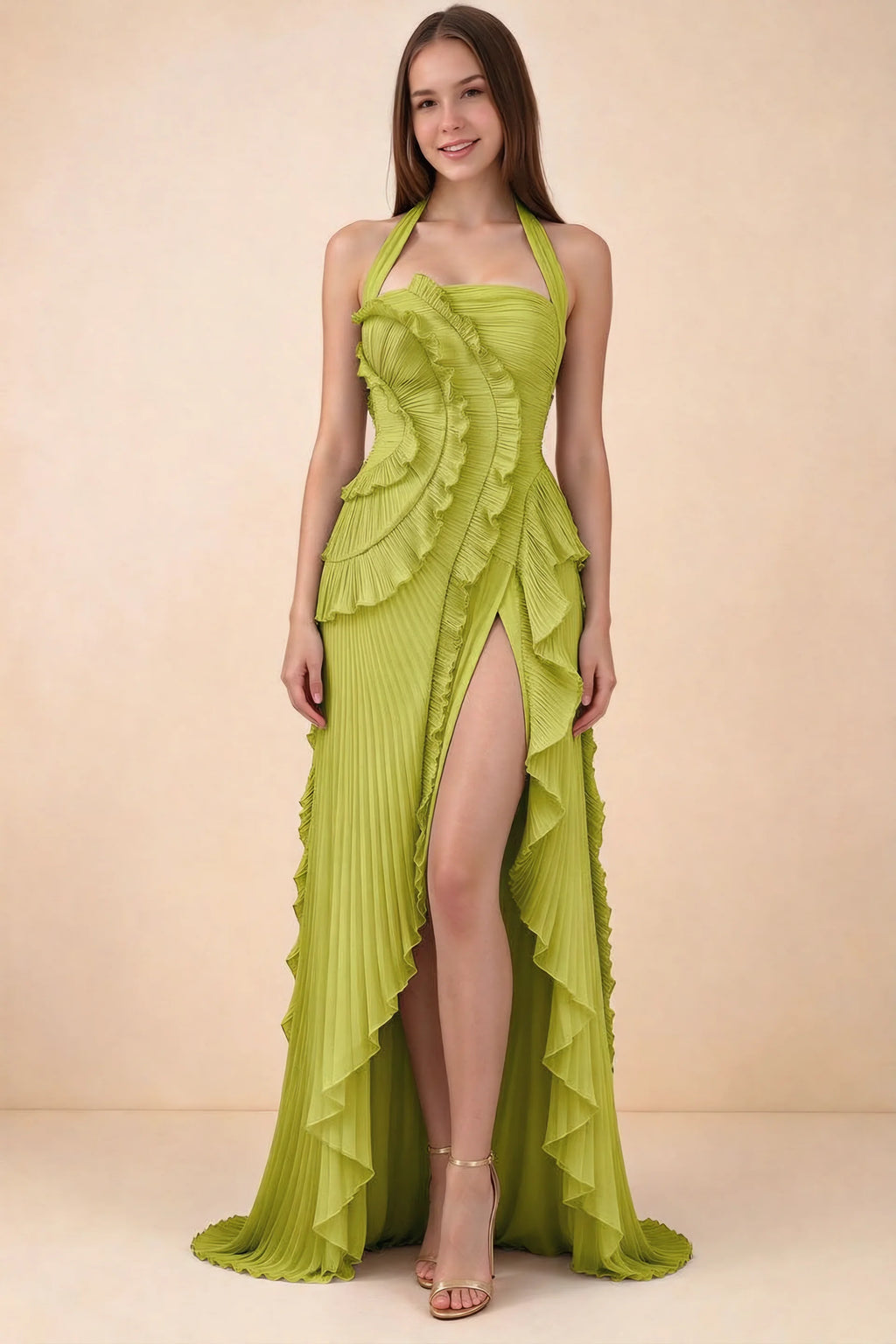 Celeste Lemon Green Pleated Ruffle Halter High Slit Maxi Dress