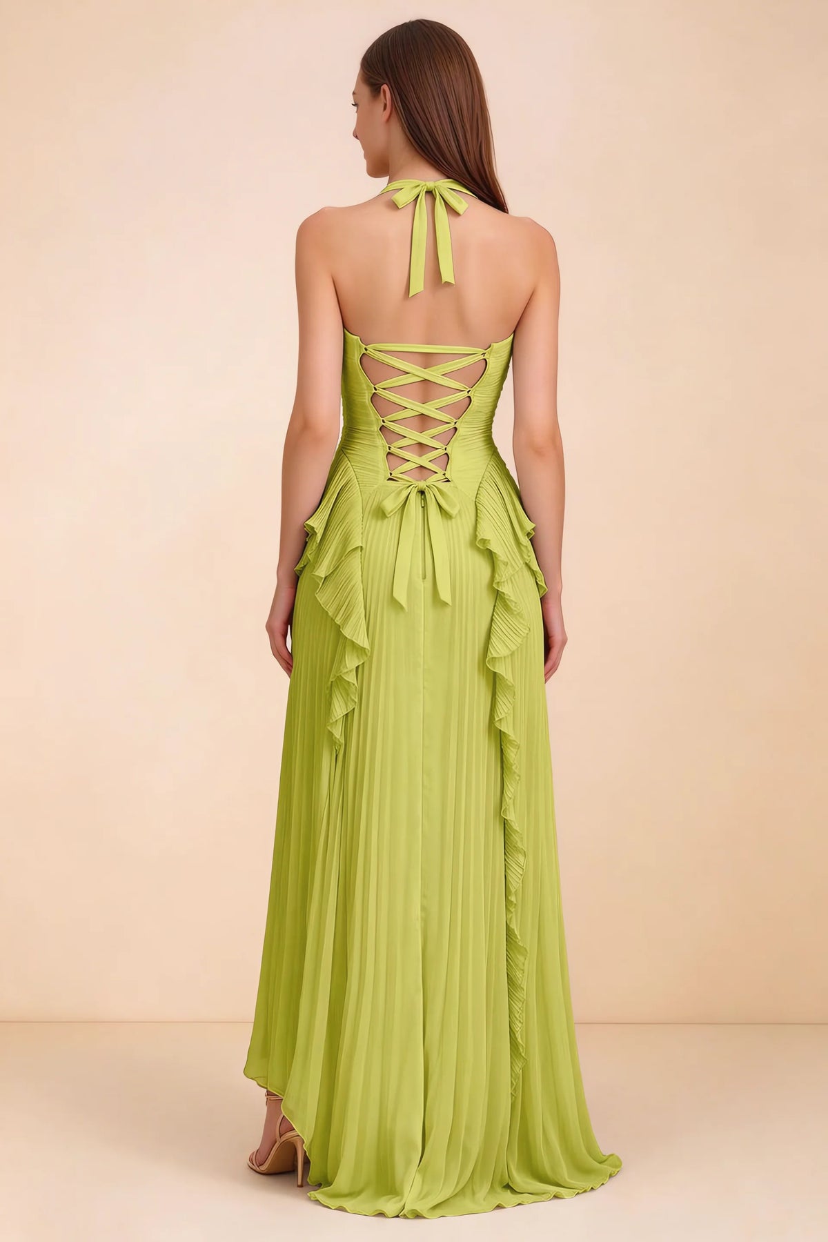 Celeste Lemon Green Pleated Ruffle Halter High Slit Maxi Dress