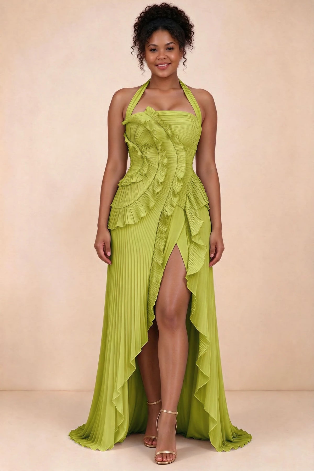 Celeste Lemon Green Pleated Ruffle Halter High Slit Maxi Dress