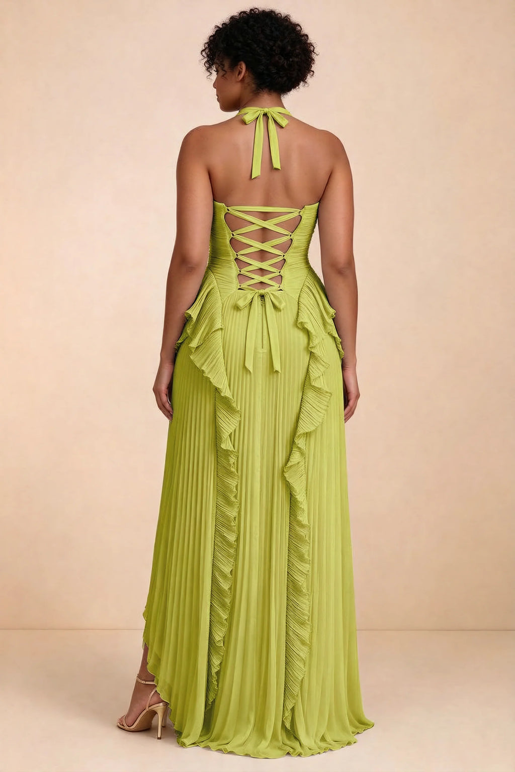 Celeste Lemon Green Pleated Ruffle Halter High Slit Maxi Dress