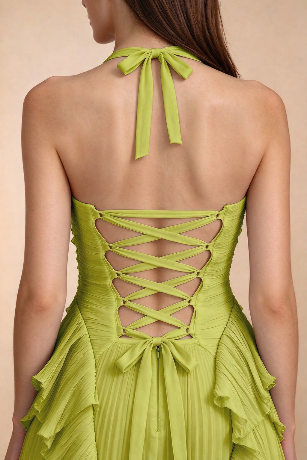 Celeste Lemon Green Pleated Ruffle Halter High Slit Maxi Dress