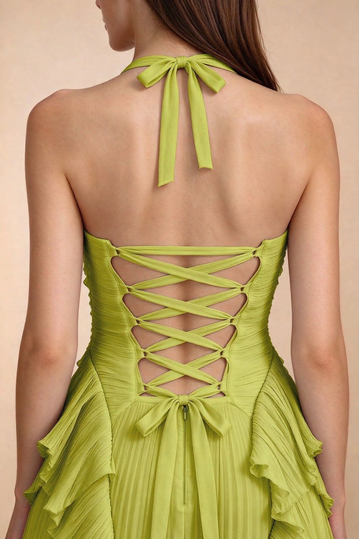 Celeste Lemon Green Pleated Ruffle Halter High Slit Maxi Dress