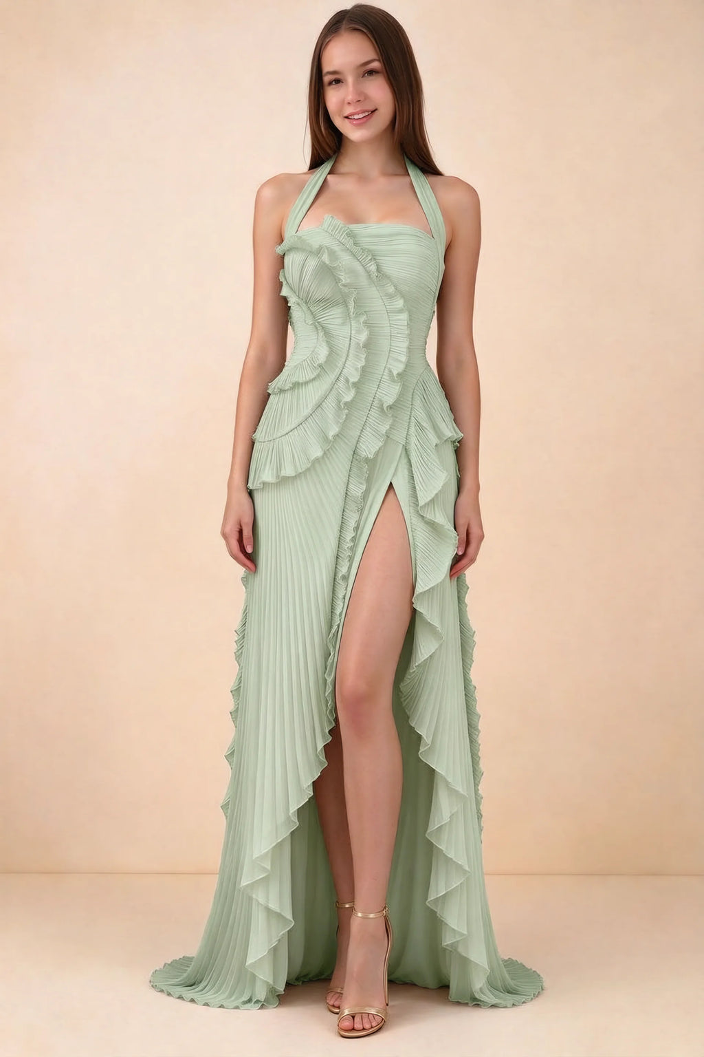 Celeste Light Green Pleated Ruffle Halter High Slit Maxi Dress