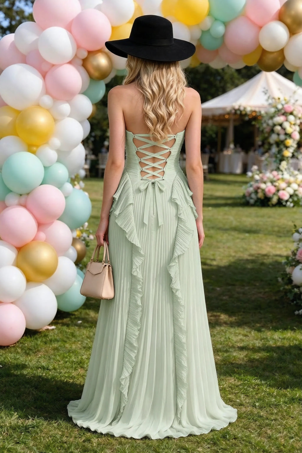 Celeste Light Green Pleated Ruffle Halter High Slit Maxi Dress