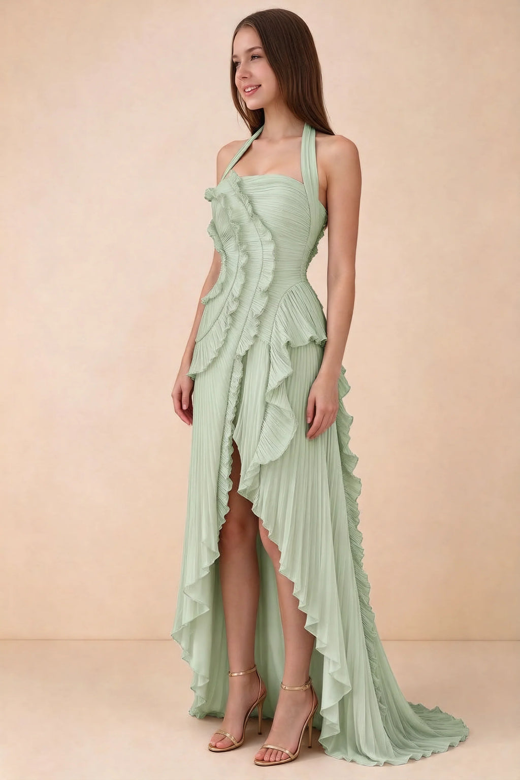 Celeste Light Green Pleated Ruffle Halter High Slit Maxi Dress