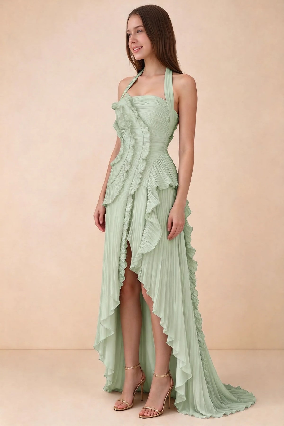 Celeste Light Green Pleated Ruffle Halter High Slit Maxi Dress