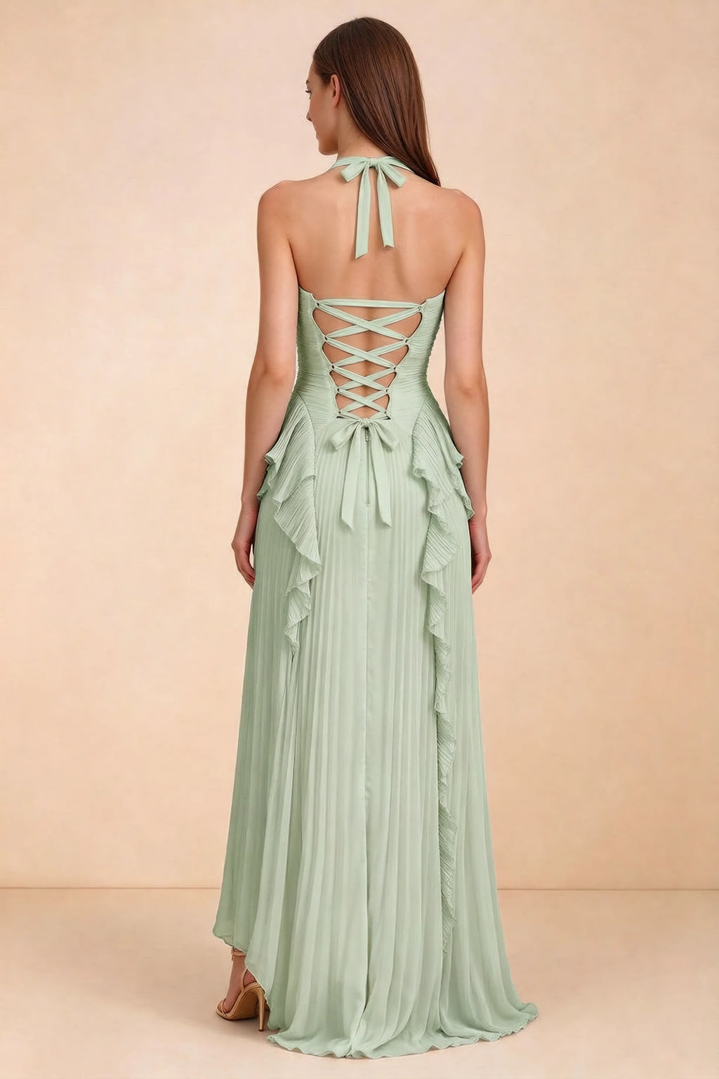 Celeste Light Green Pleated Ruffle Halter High Slit Maxi Dress