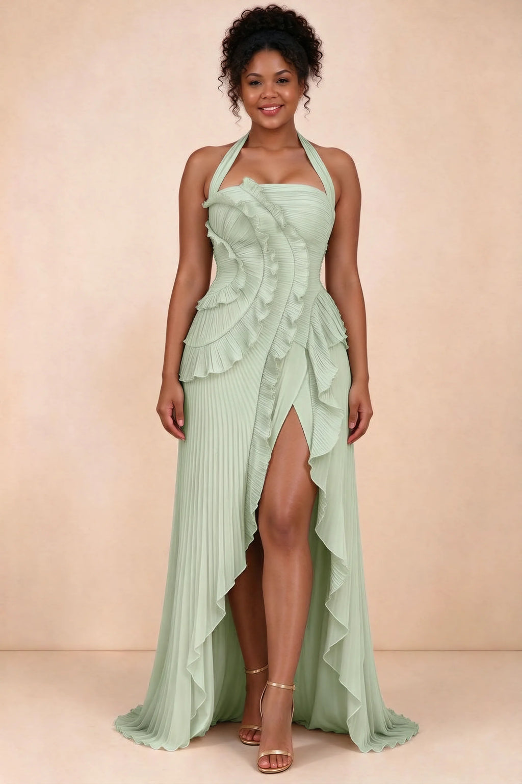 Celeste Light Green Pleated Ruffle Halter High Slit Maxi Dress
