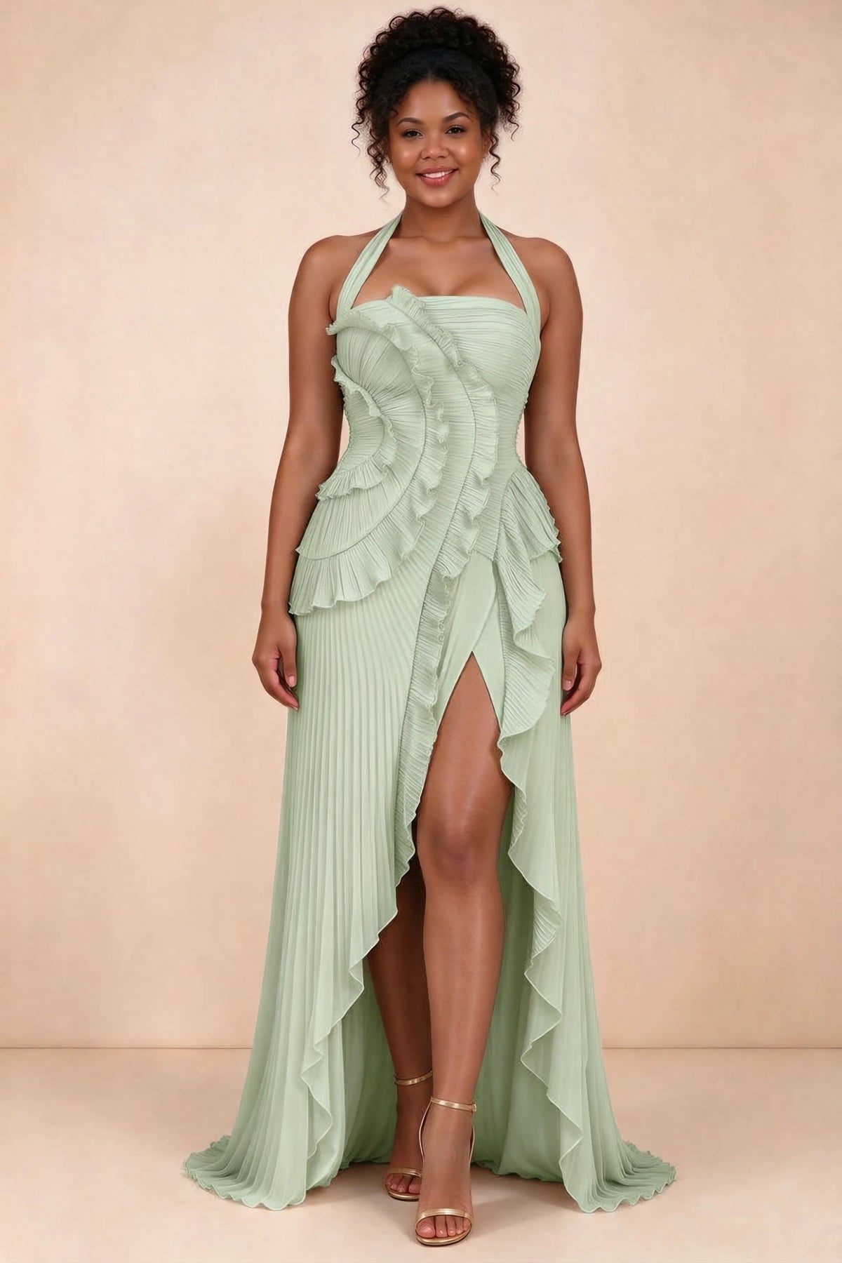 Celeste Light Green Pleated Ruffle Halter High Slit Maxi Dress