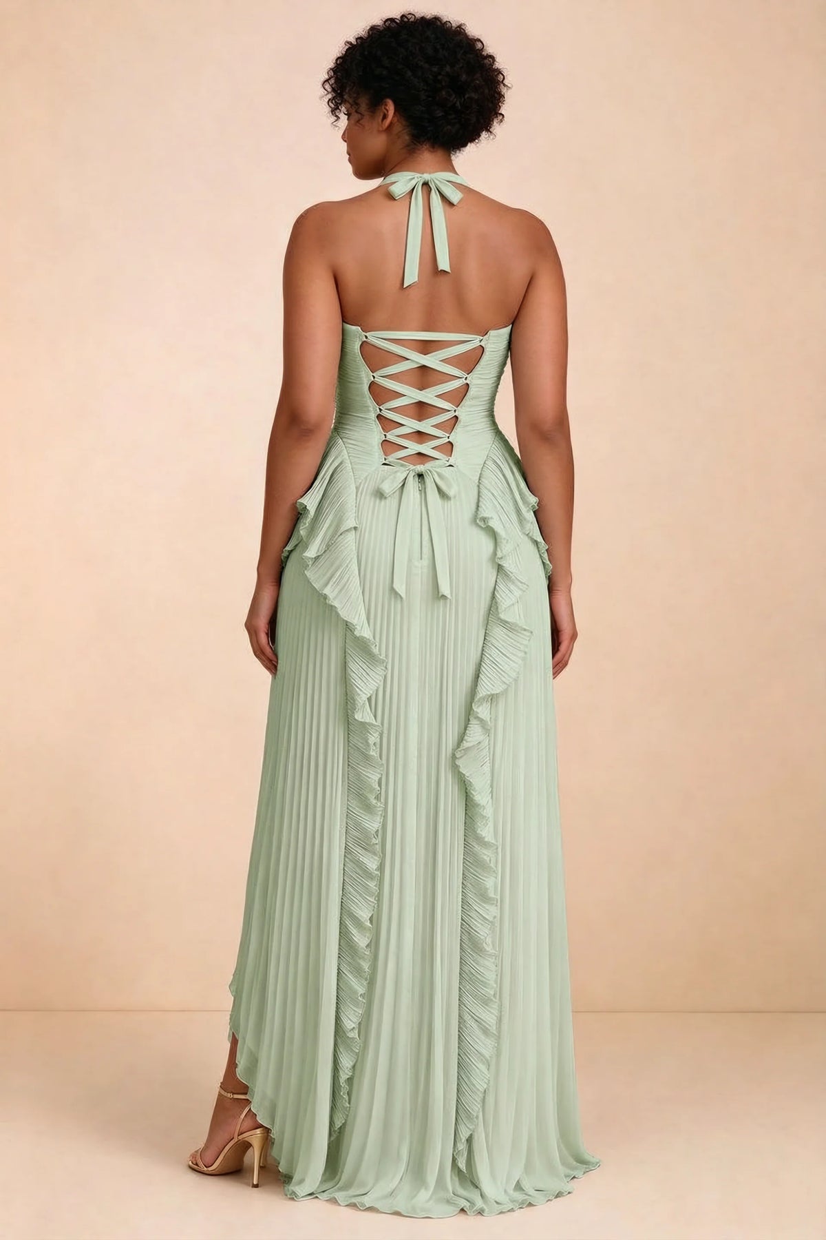 Celeste Light Green Pleated Ruffle Halter High Slit Maxi Dress
