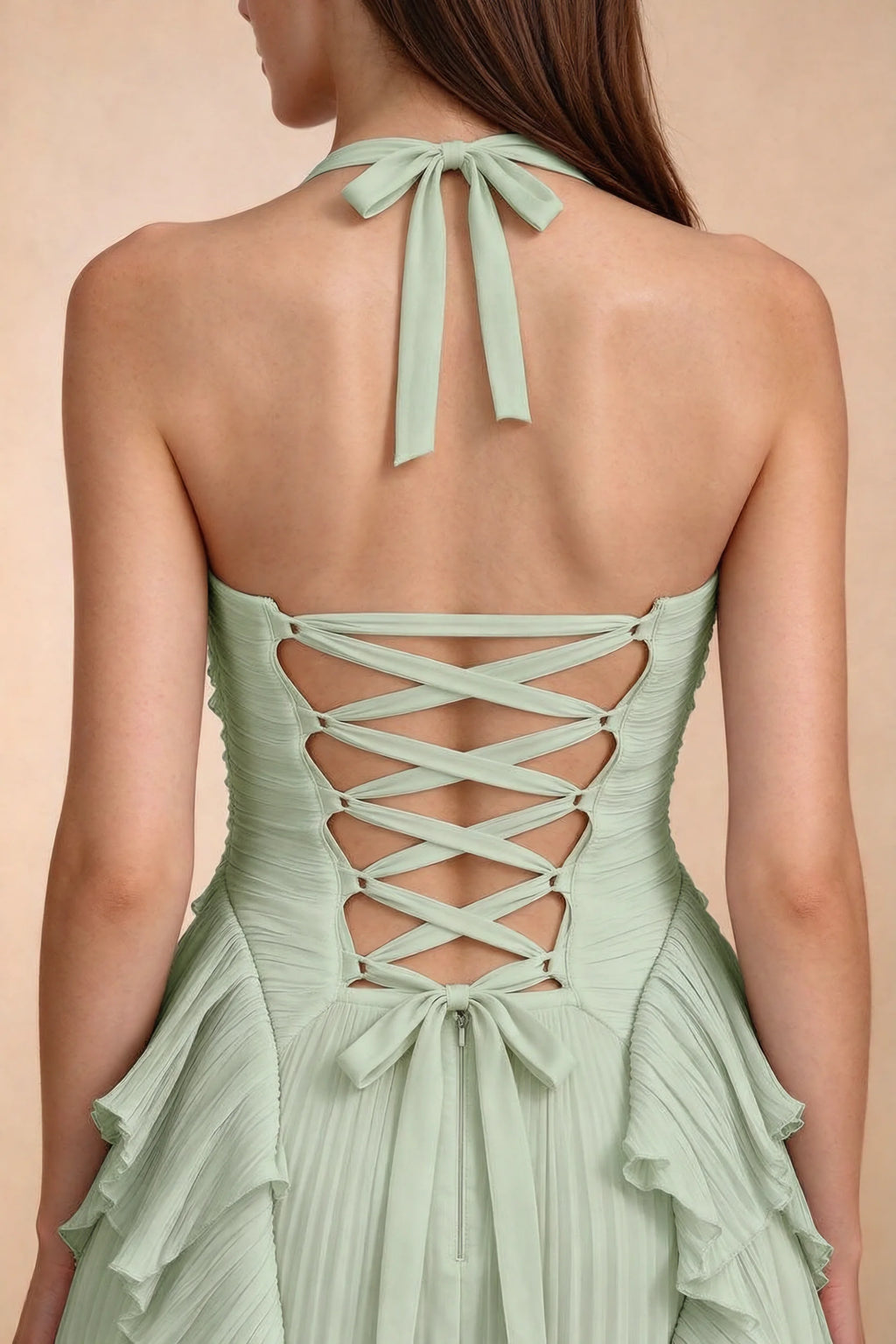 Celeste Light Green Pleated Ruffle Halter High Slit Maxi Dress
